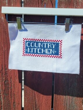 Country‎ Kitchen Cross-Stitch Wall Sign – White with Blue and Red Kitchen Decor